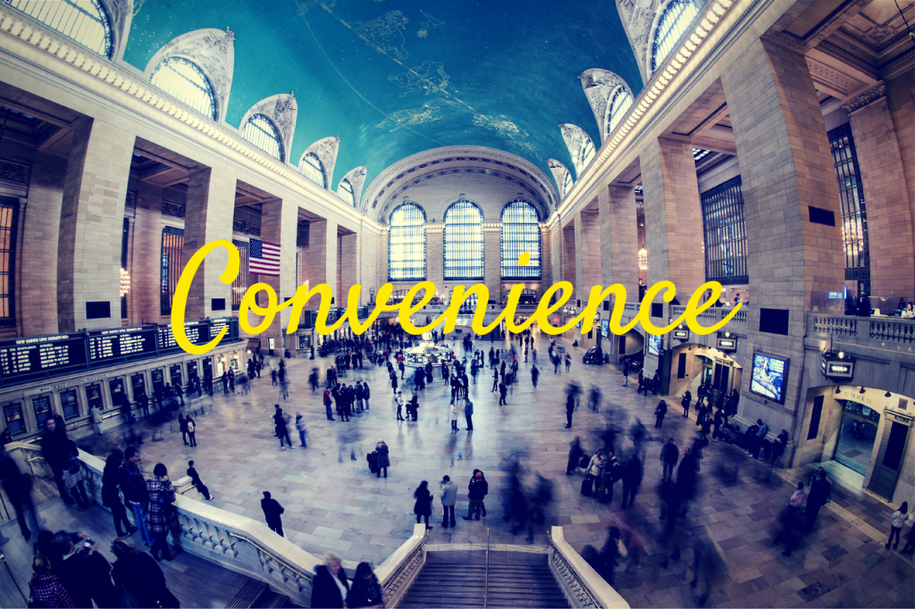 People in Grand Central Station and the word "Convenience"