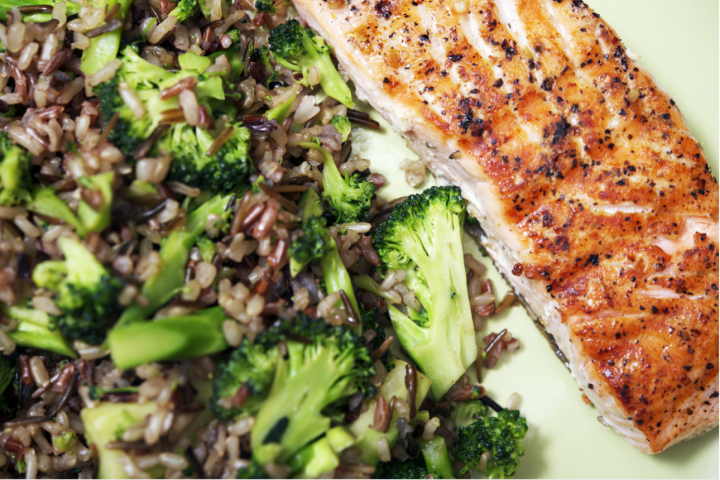 Salmon, broccoli and brown rice meal
