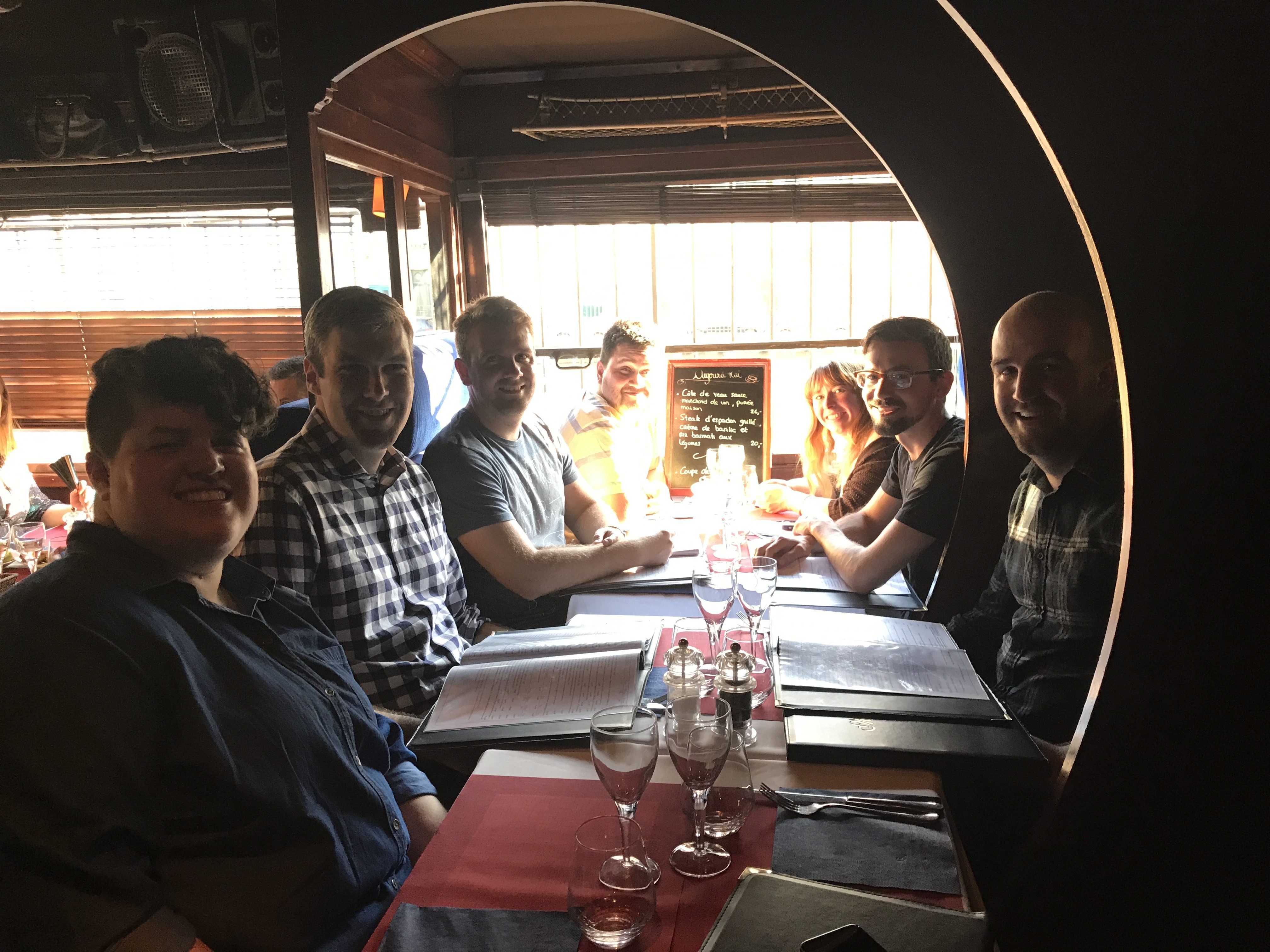 People eating dinner in train carriage